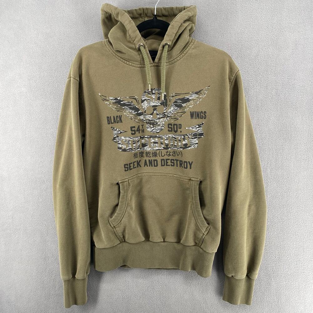 Superdry Black Wings Seek Destroy Hoodie Mens M‎ Green 54th Squad Skull Pullover